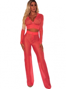Sexy Lace See Through Pants Suit Red