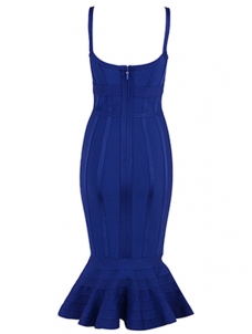 Sexy V-neck Backless Fishtail Bandage Dress Blue