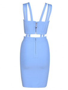 Summer Slim Backless Sleeveless Bandage Dress Blue