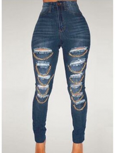 Women Hole Chain  Jeans with Pocket