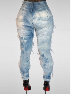 Women Light Blue Mid-Waist Slim Ripped Up Jeans 