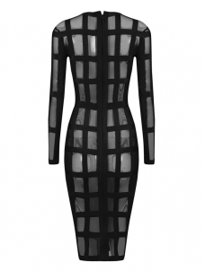 See Through Long Sleeve Zipper Midi Dress Black