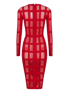 See Through Long Sleeve Zipper Midi Dress Red 