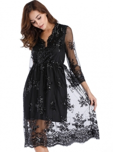 Half Sleeve Lace Sequin Dresses Black