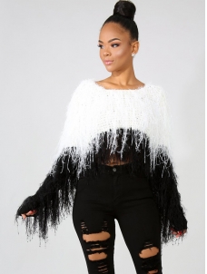 Women Fashion Knit Tassel Sweater Black White