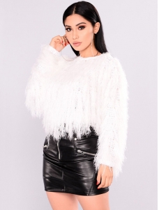 Women Fashion Knit Tassel Sweater White