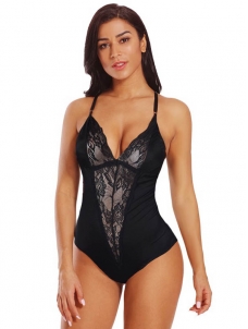 Lace Detailed Straps Silk Teddy Black