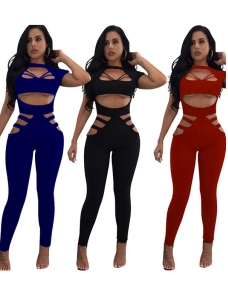 Sexy Women Hallow Out Bandage Short Sleeve Jumpsuit