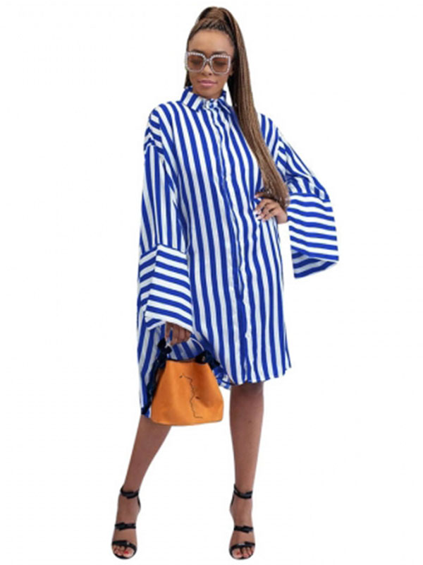 Cute Loose Striped Shirt Midi Dress