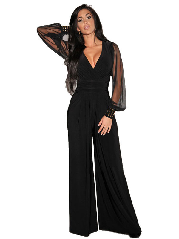 Embellished Cuffs Long Mesh Sleeves Jumpsuit