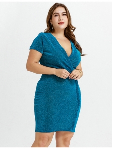 Smooth Wrap V Neck Blue Frill Bodycon Dress Big Size High Elasticity