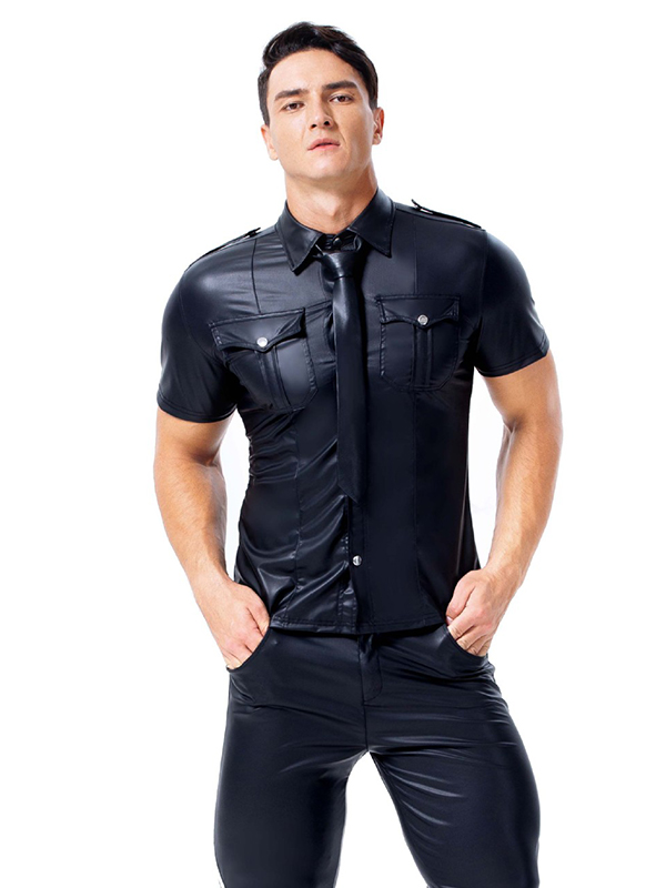 Men Leather Short Sleeve Tops With Pocket