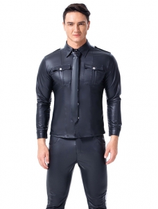 Men Leather Long Sleeve Tops With Pocket