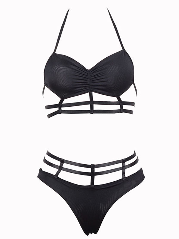 Black Bandeau Halter Caged Detail Sexy Swimsuit