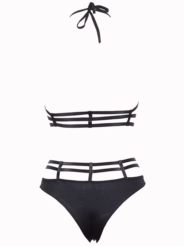 Black Bandeau Halter Caged Detail Sexy Swimsuit