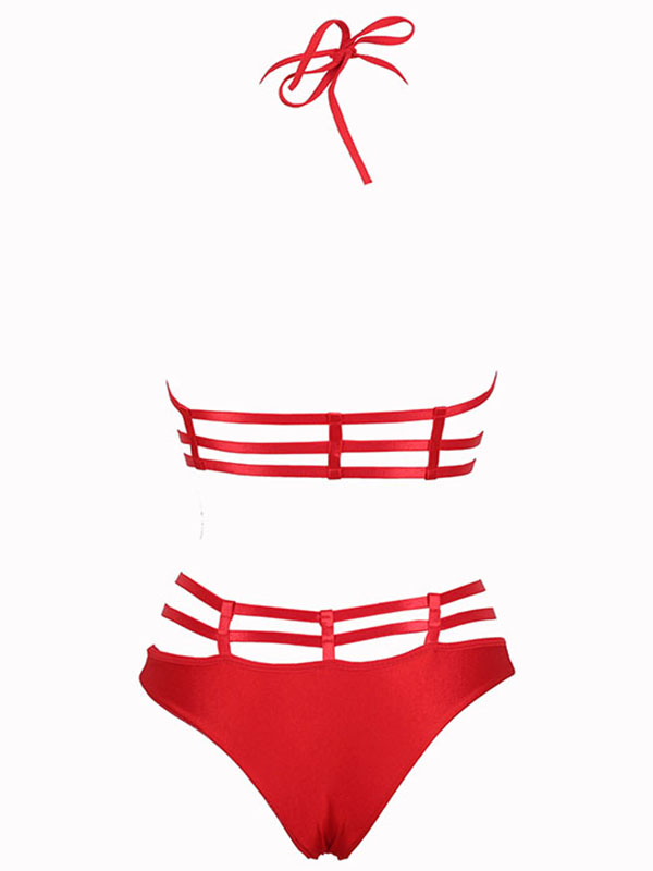 Red u BandeaHalter Caged Detail Sexy Swimsuit