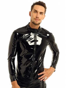 Mens Metallic Latex T-shirt Coat Wet Look Clubwear PVC Leather Zipper Shirts Club Costume Male Streetwear Autumn Jacket 