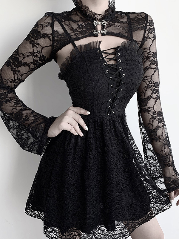 Black Gothic Summer Cropped Steampunk Dress With Tops
