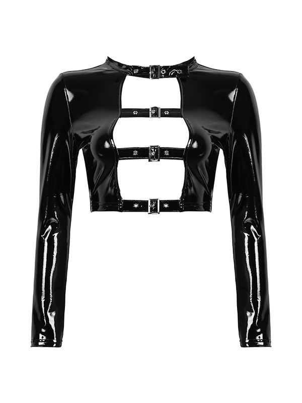 Women Wetlook Fashion Tops Patent Leather Hollow Out Front with Buckles Gothic Punk Costume Crop Top Pole Dancing Clubwe