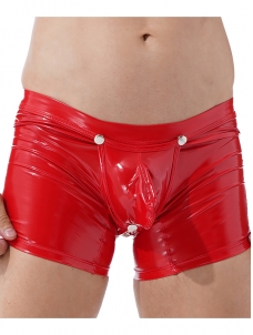 Wet Look Shiny Patent Leather Panties Men Low Rise Boxer Briefs Underwear Open Butt Removable Bulge Pouch Shorts Underpa
