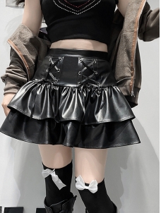 Women Wet Look Shiny Latex Leather Micro Skirt Ruffled PU Leather Skirts Lace-up Zipper Bodycon A-line Miniskirt Sexy Cl