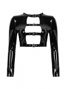 Women Wetlook Fashion Tops Patent Leather Hollow Out Front with Buckles Gothic Punk Costume Crop Top Pole Dancing Clubwe