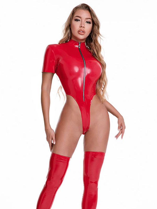 Red Women Sexy Short Sleeve Vinyl  Jumpsuit