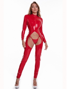Red Women Long Sleeve Sexy Vinyl Jumpsuit