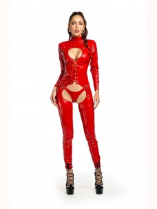 Red Women Long Sleeve Sexy Vinyl Jumpsuit