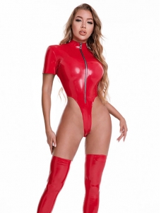Red Women Sexy Short Sleeve Vinyl  Jumpsuit