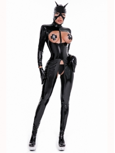 Women Vinyl Open Brust Cat Costume Jumpsuit