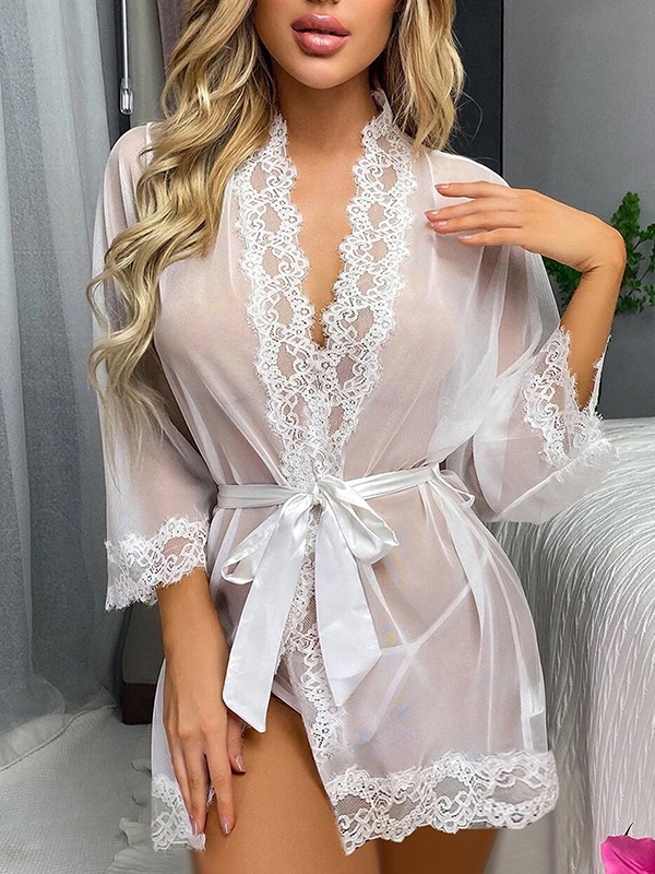 Women White Lace Transparent Short Gown
