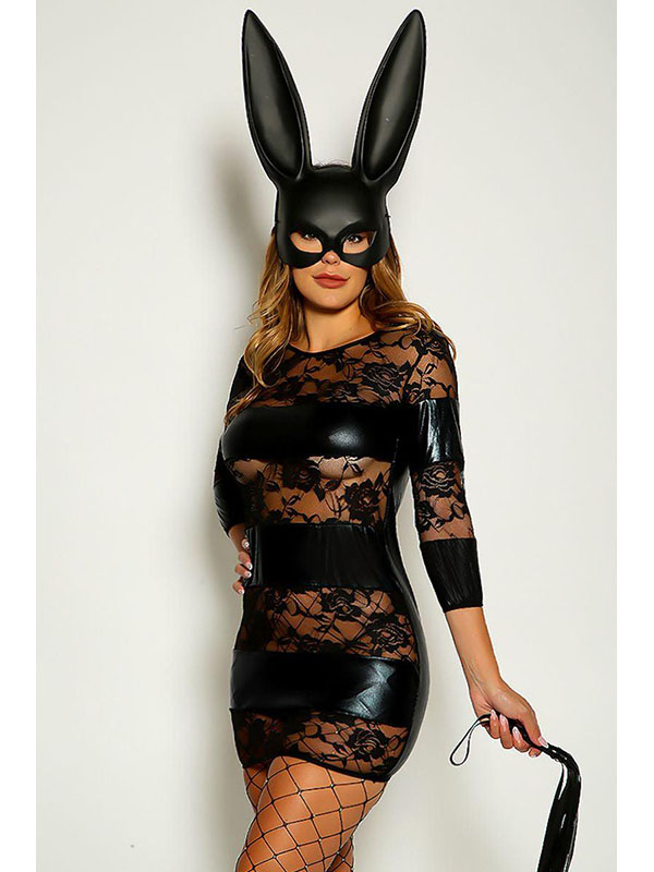 Women Sexy Lace Mini Vinyl Dress (including mask, whip）