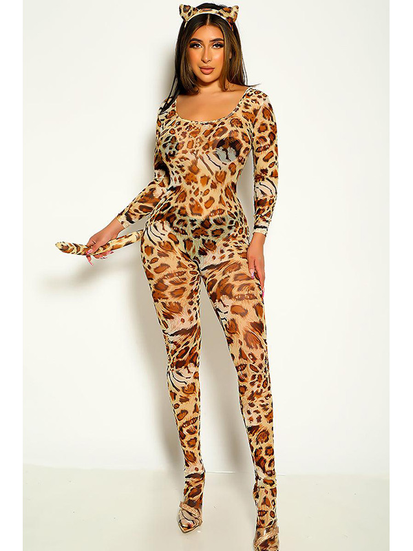 Women Sexy Transparent Leopard Jumpsuit Lingerie