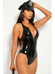 Women Sexy Deep V Neck Vinyl Teddies (including hat, policeman’s baton)