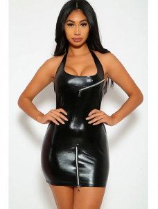 Women Sexy Halter Mini Vinyl Dress